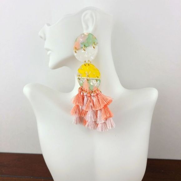 Tassel Pink Peach Half Moon Statement Earrings - Picture 3 of 3